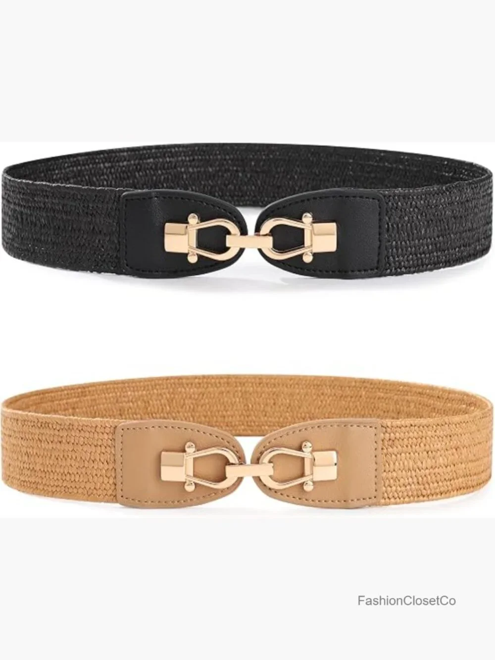 Straw Belt Elastic Waist Boho Braided Metal Buckle Stretch Belt for Dress